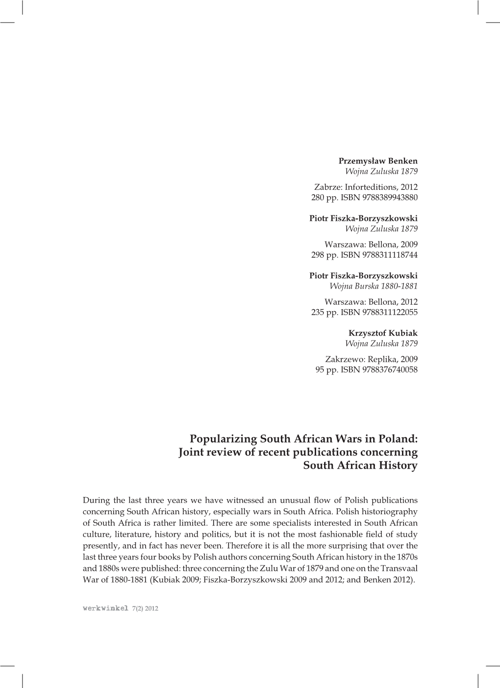 Popularizing South African Wars in Poland: Joint Review of Recent Publications Concerning South African History