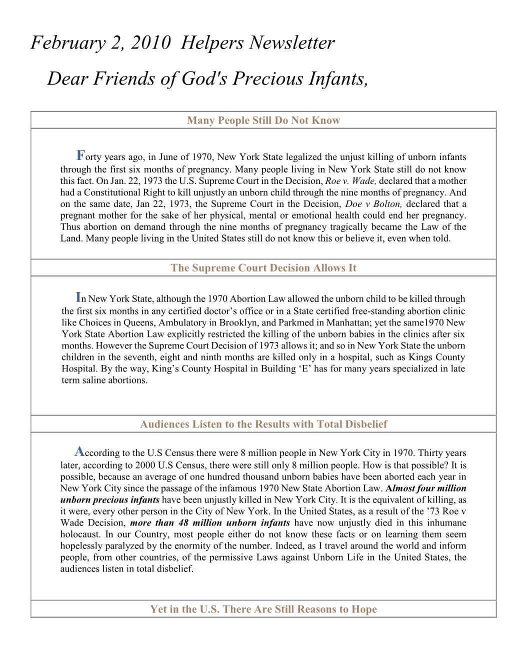 February 2, 2010 Helpers Newsletter Dear Friends of God's Precious