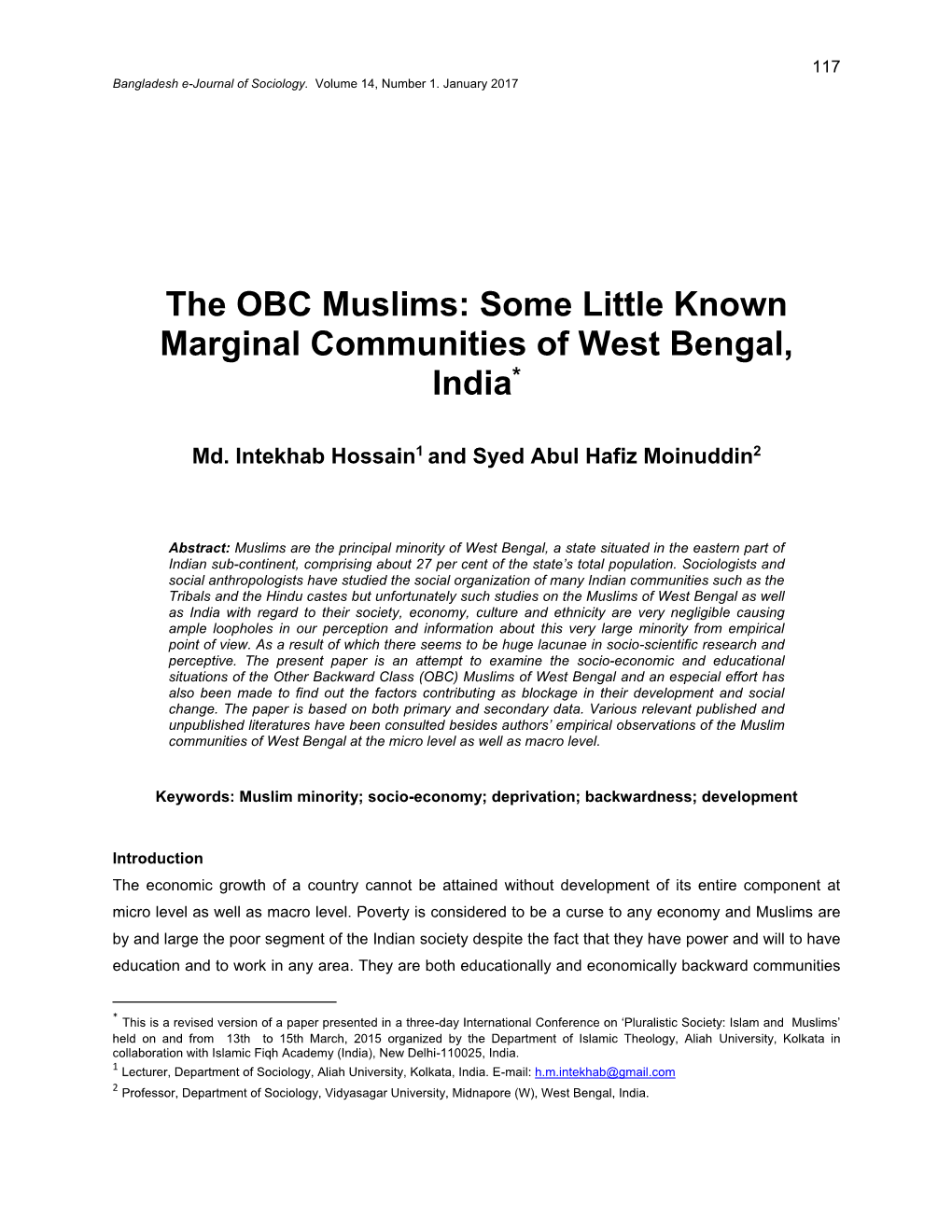 The OBC Muslims: Some Little Known Marginal Communities of West Bengal, India*