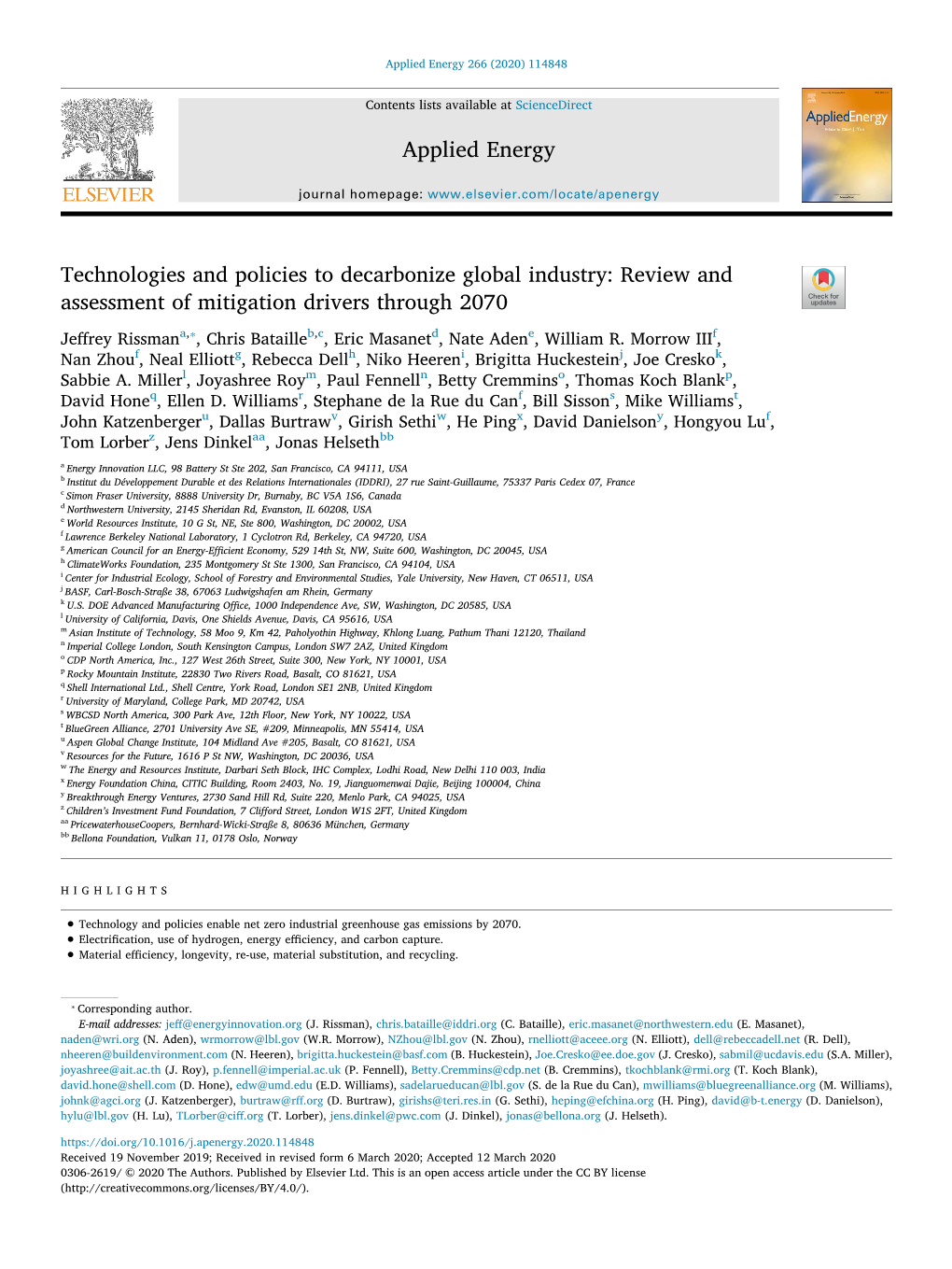 Technologies and Policies to Decarbonize Global Industry Review and Assessment of Mitigation Drivers Through 2070