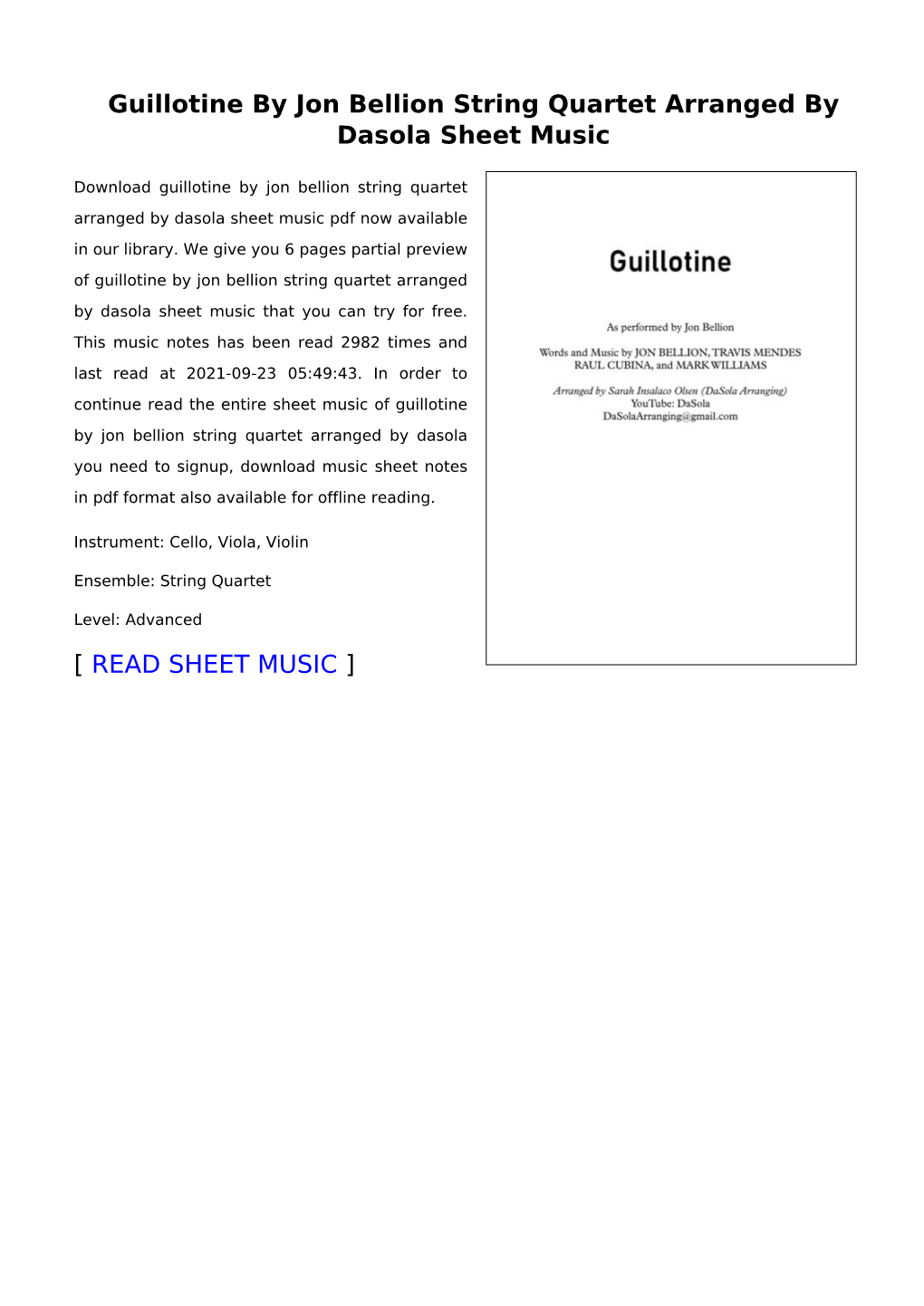 Guillotine by Jon Bellion String Quartet Arranged by Dasola Sheet Music