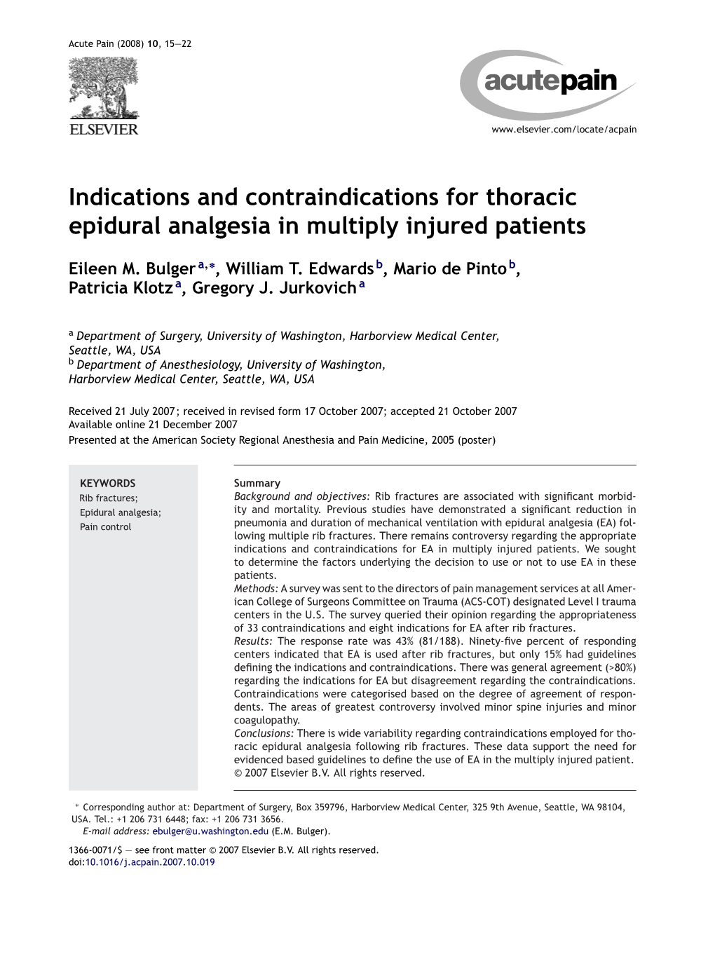 Indications and Contraindications for Thoracic Epidural Analgesia in Multiply Injured Patients