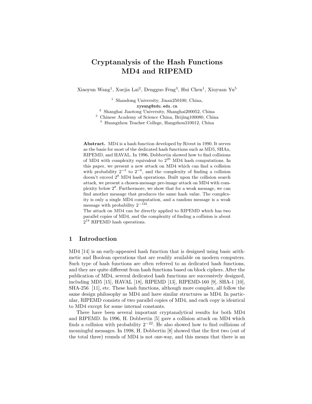 Cryptanalysis of the Hash Functions MD4 and RIPEMD