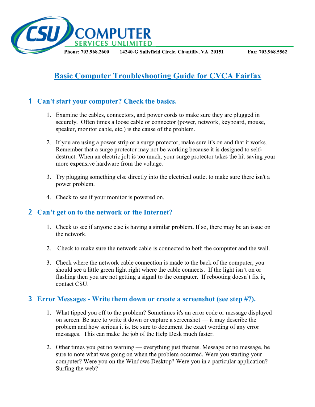 Basic Computer Troubleshooting Guide for CVCA Fairfax