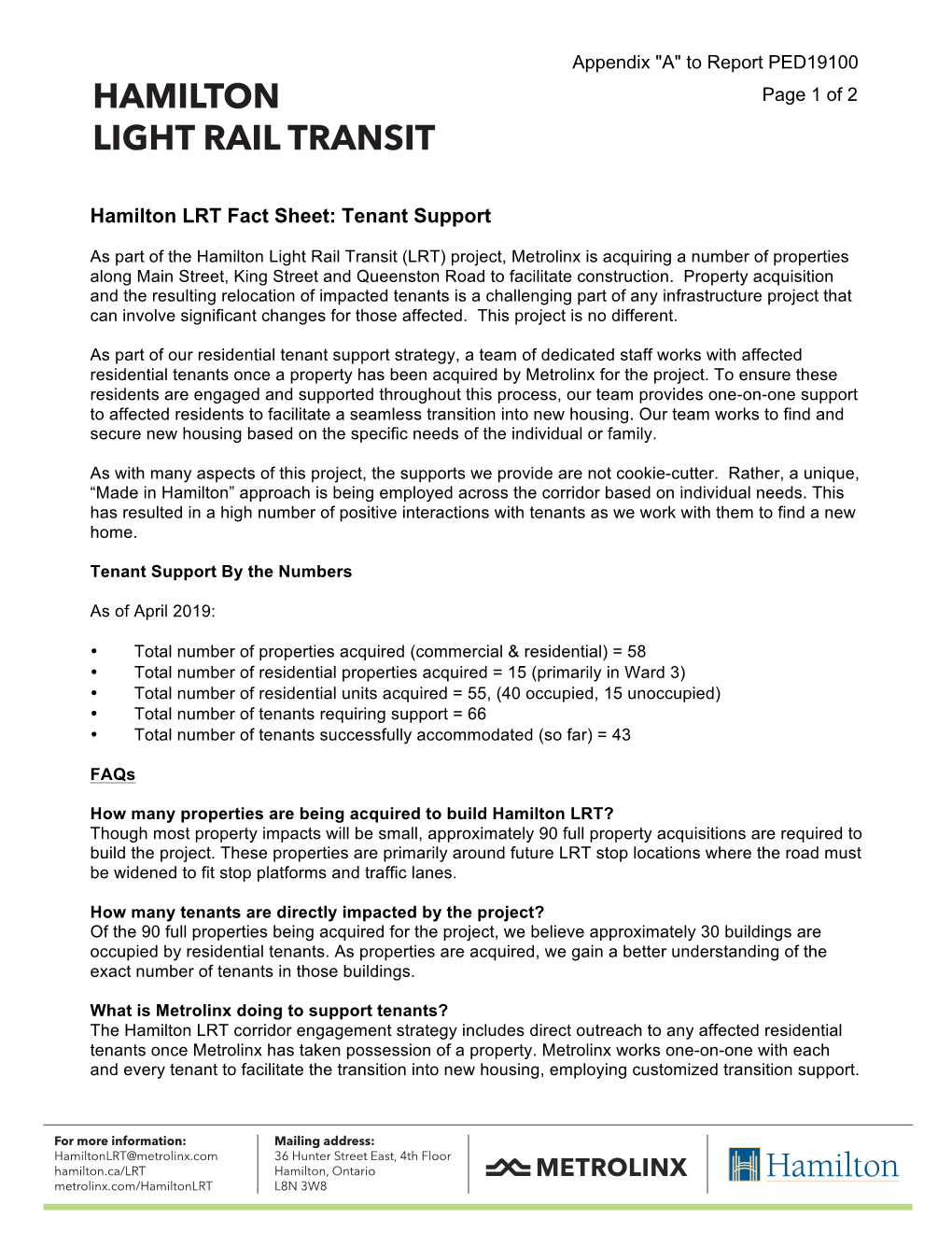 Hamilton LRT Fact Sheet: Tenant Support