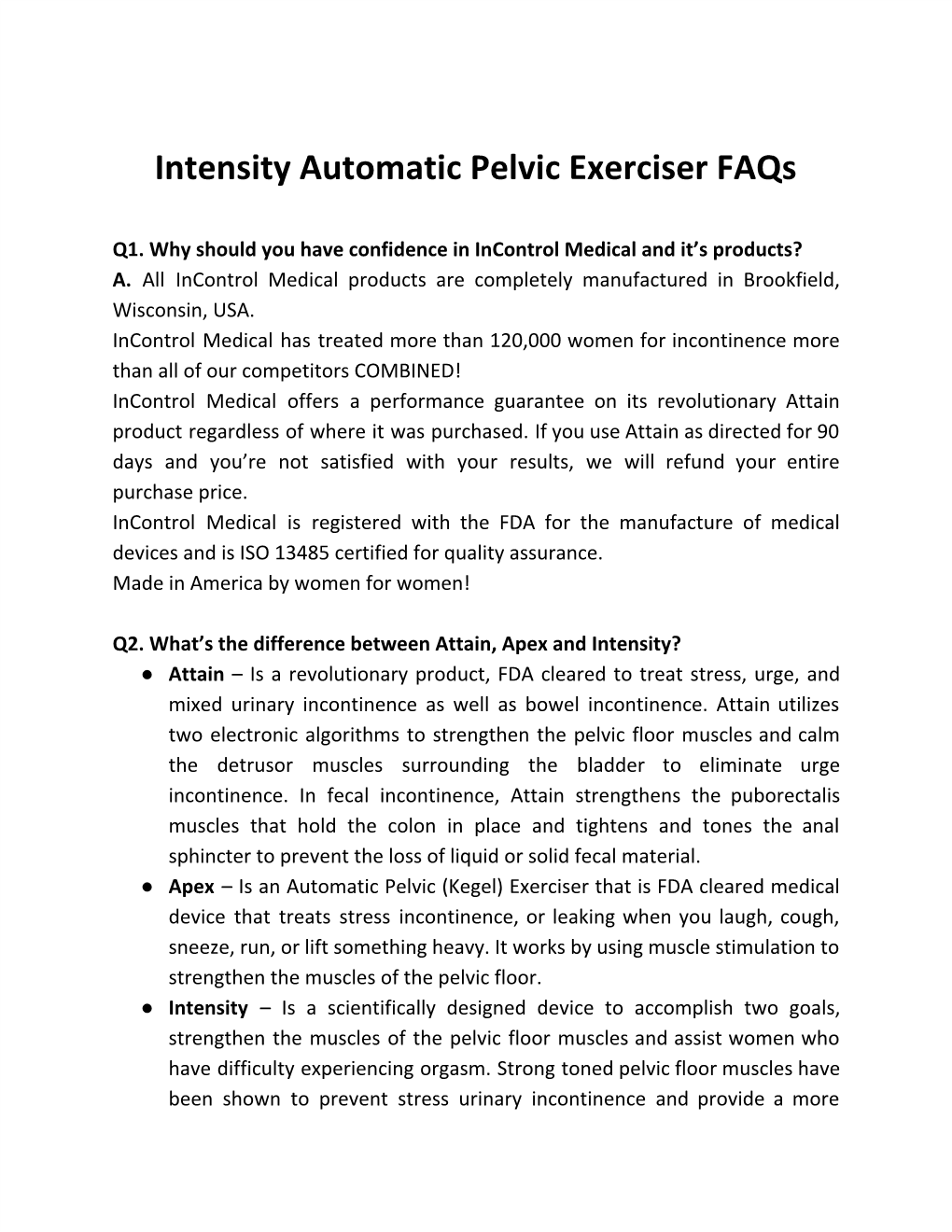 Intensity Automatic Pelvic Exerciser Faqs