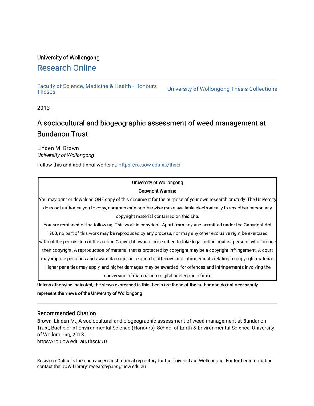 A Sociocultural and Biogeographic Assessment of Weed Management at Bundanon Trust