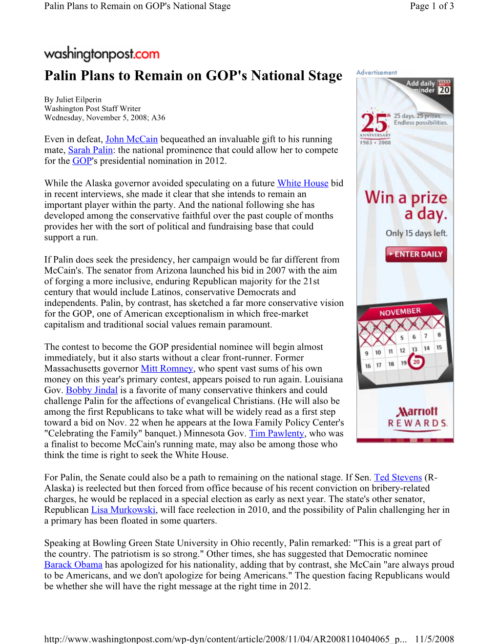 Palin Plans to Remain on GOP's National Stage Page 1 of 3