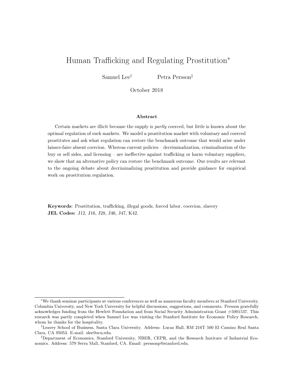 Human Trafficking and Regulating Prostitution∗