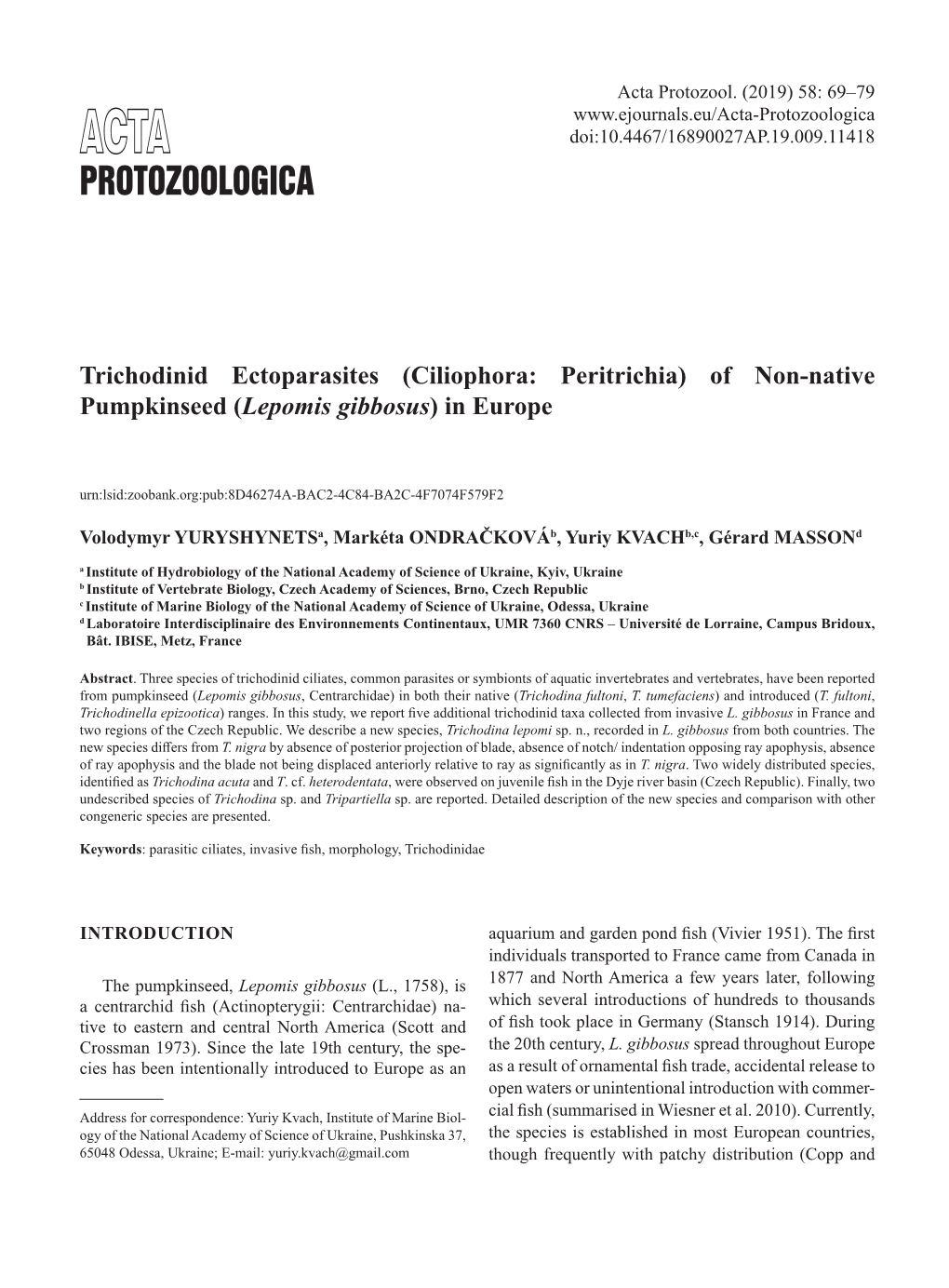 Trichodinid Ectoparasites (Ciliophora: Peritrichia) of Non-Native Pumpkinseed (Lepomis Gibbosus) in Europe