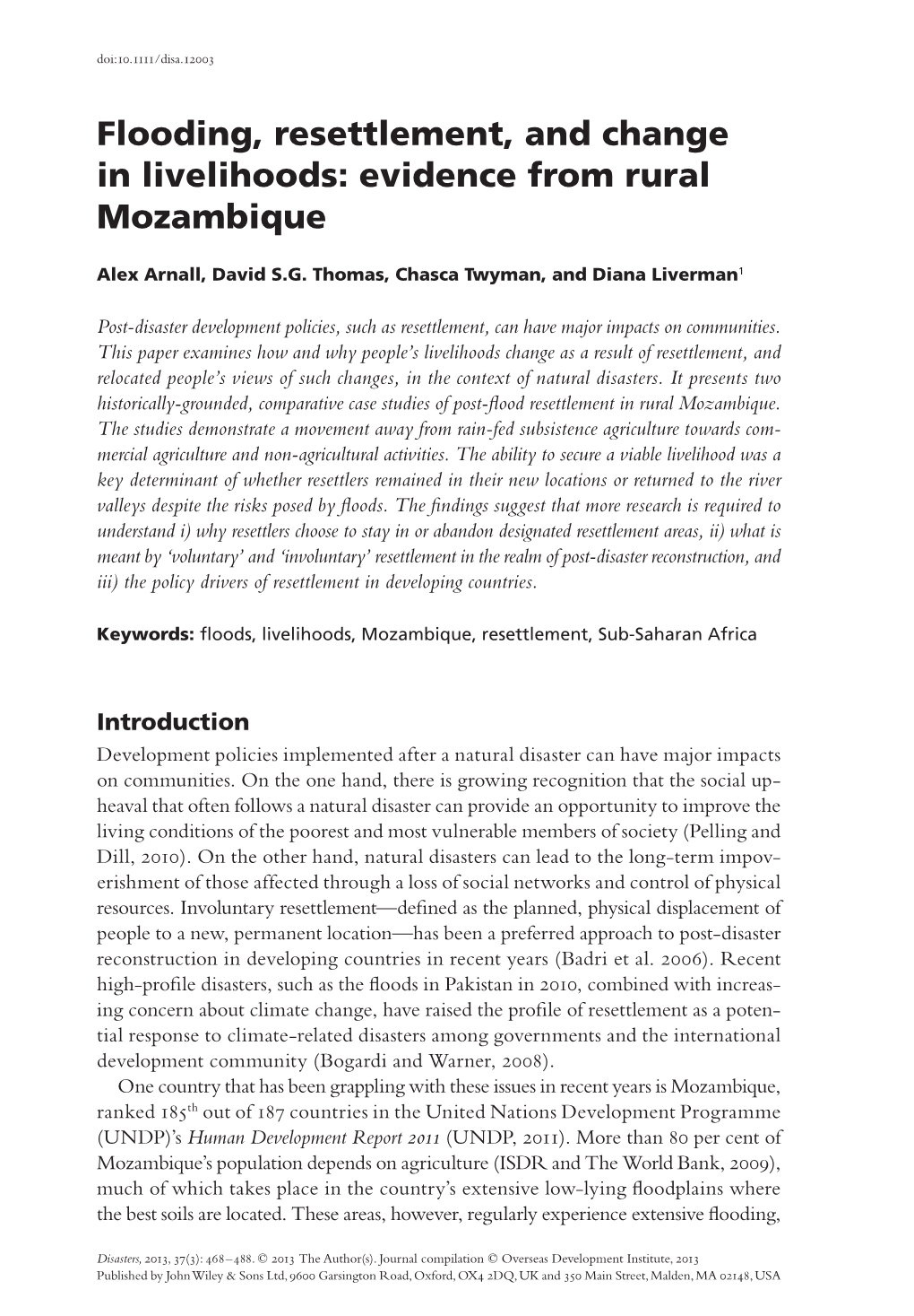 Flooding, Resettlement, and Change in Livelihoods: Evidence from Rural Mozambique