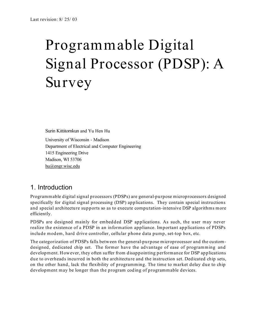 Programmable Digital Signal Processor (PDSP): a Survey