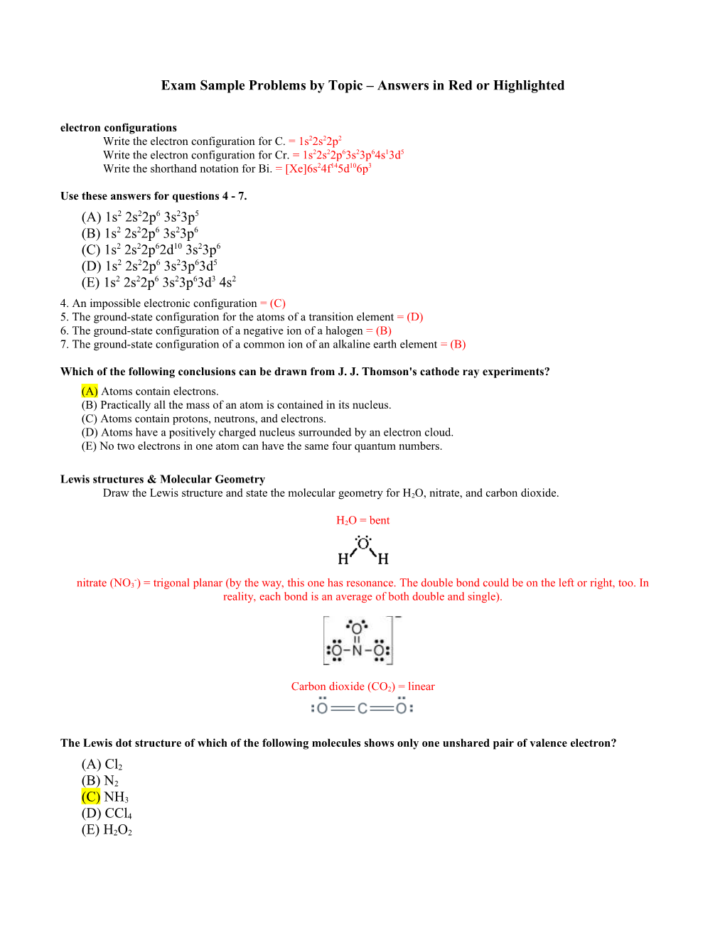 Chemistry I - First Term Final Exam