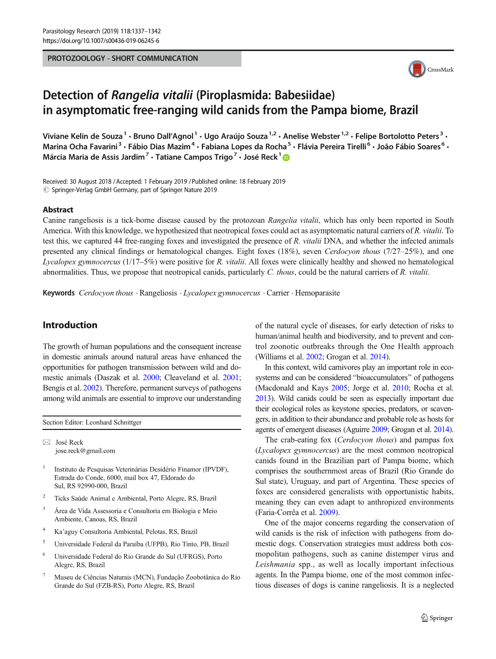 Detection of Rangelia Vitalii (Piroplasmida: Babesiidae) in Asymptomatic Free-Ranging Wild Canids from the Pampa Biome, Brazil