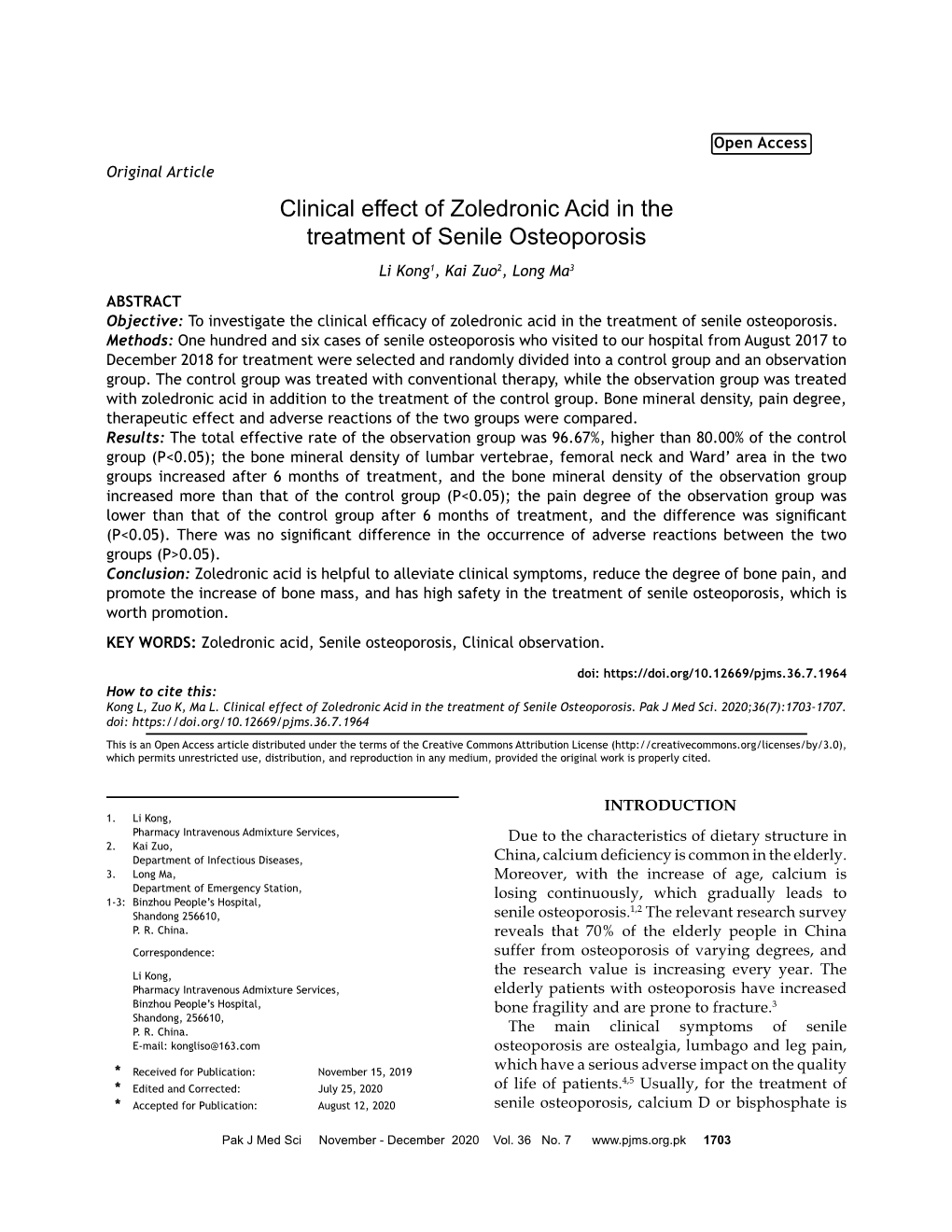 Clinical Effect of Zoledronic Acid in the Treatment of Senile Osteoporosis