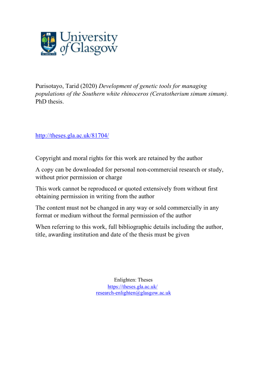 Purisotayo, Tarid (2020) Development of Genetic Tools for Managing Populations of the Southern White Rhinoceros (Ceratotherium Simum Simum)