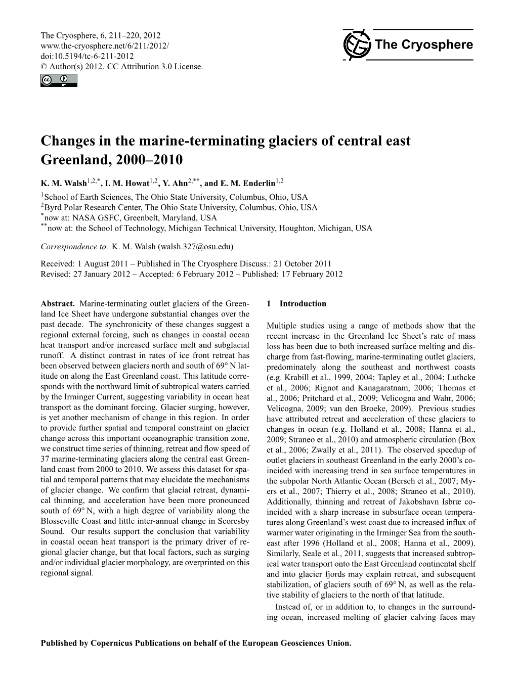 Changes in the Marine-Terminating Glaciers of Central East Greenland, 2000–2010
