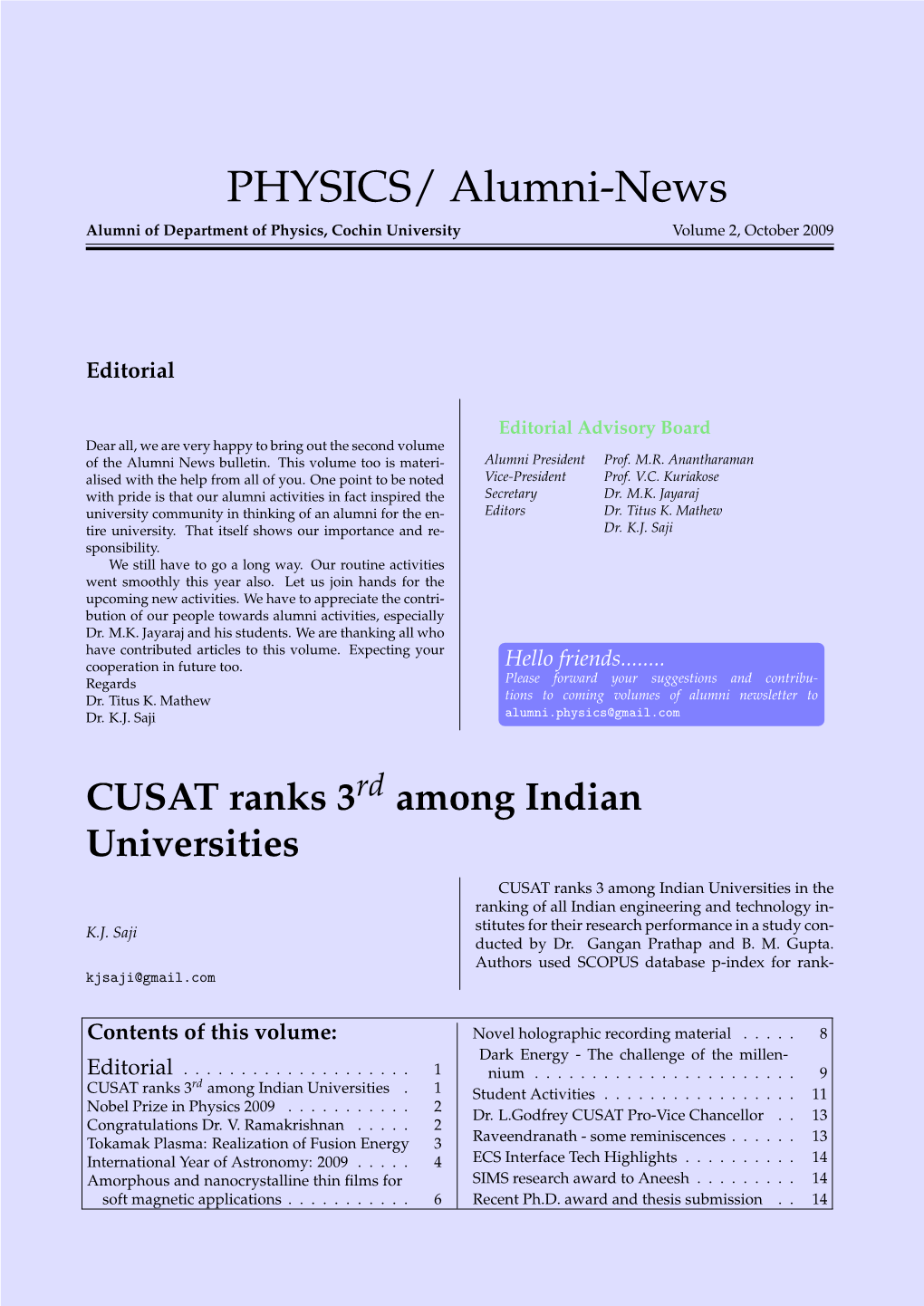 Alumni-News Alumni of Department of Physics, Cochin University Volume 2, October 2009