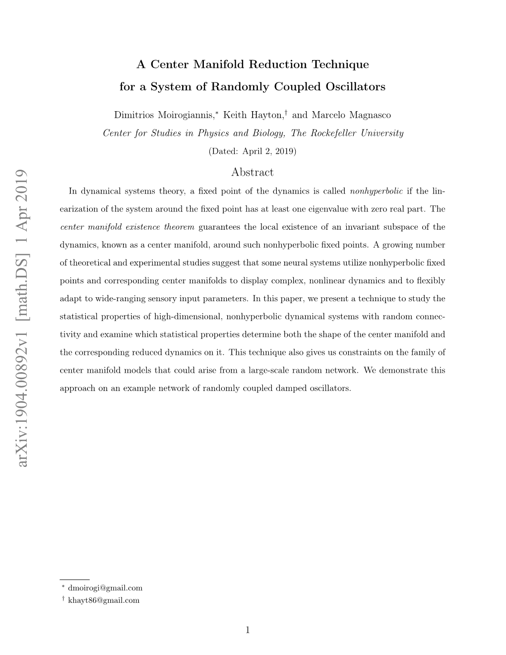 A Center Manifold Reduction Technique for a System of Randomly Coupled Oscillators