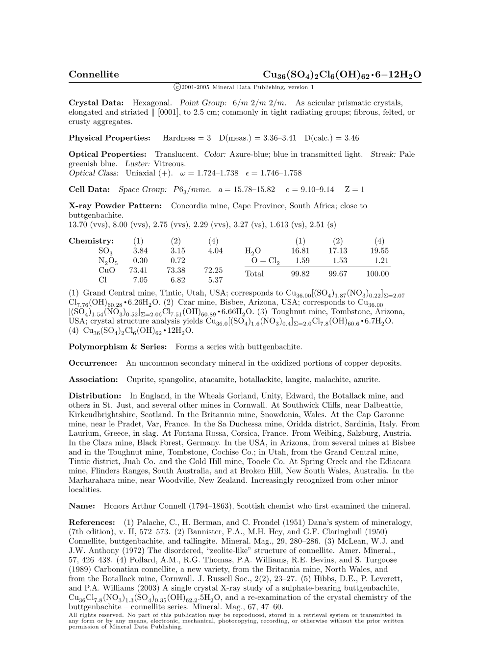 Connellite Cu36(SO4)2Cl6(OH)62 • 6−12H2O C 2001-2005 Mineral Data Publishing, Version 1