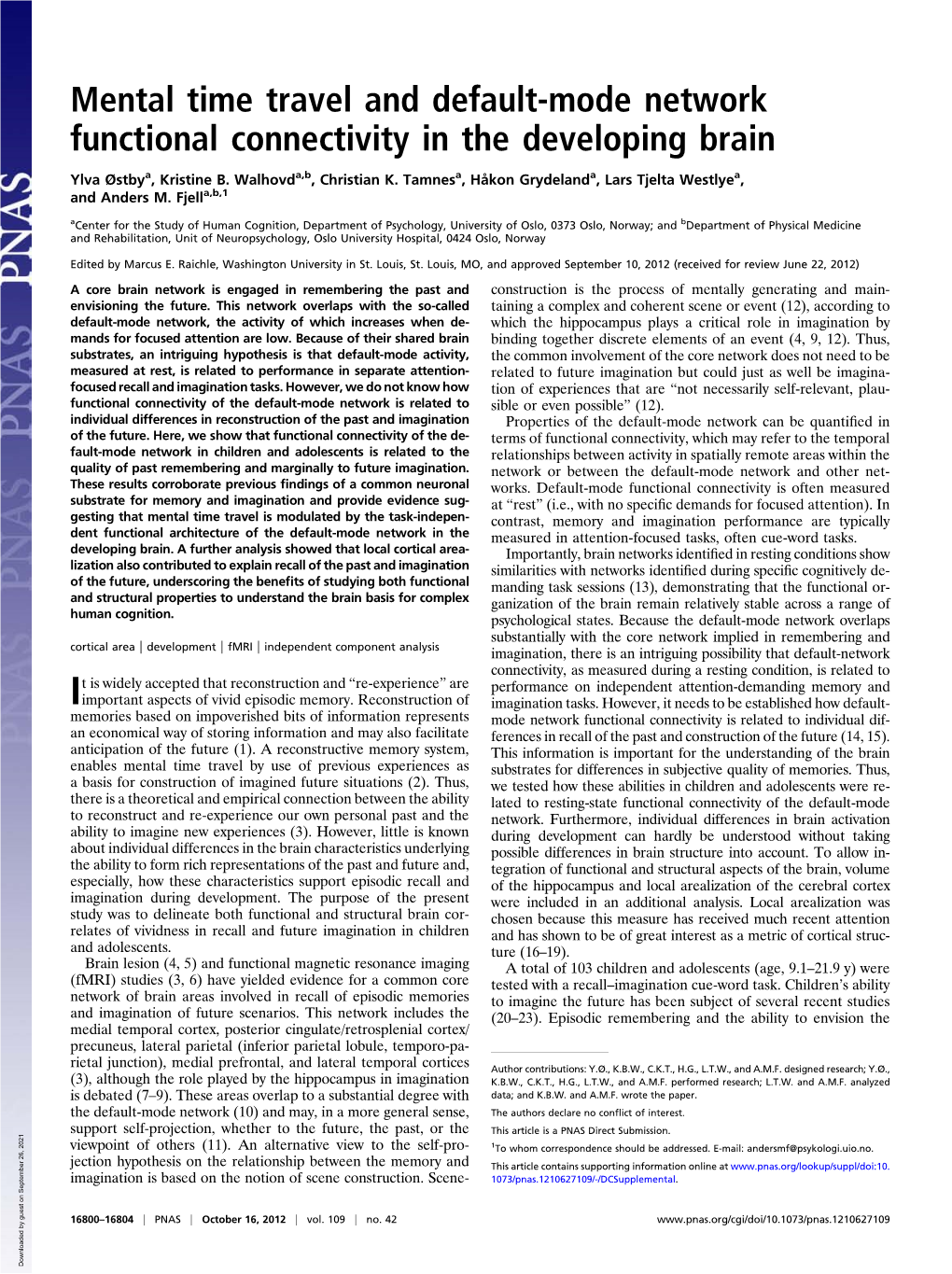 Mental Time Travel and Default-Mode Network Functional Connectivity in the Developing Brain