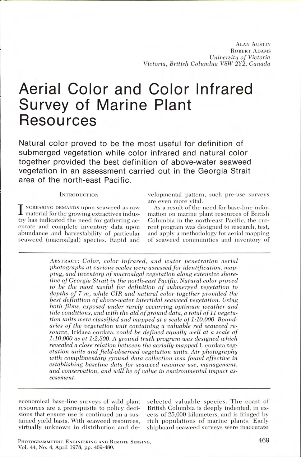 Aerial Color and Color Infrared Survey of Marine Plant Resources