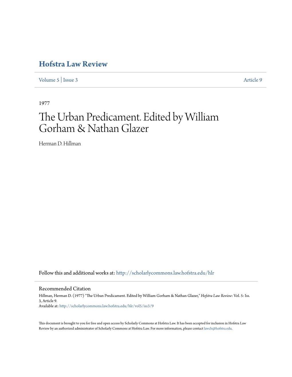 The Urban Predicament. Edited by William Gorham & Nathan Glazer