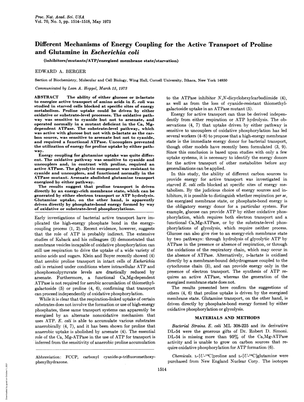 Different Mechanisms of Energy Coupling for the Active Transport of Proline and Glutamine in Escherichia Coli