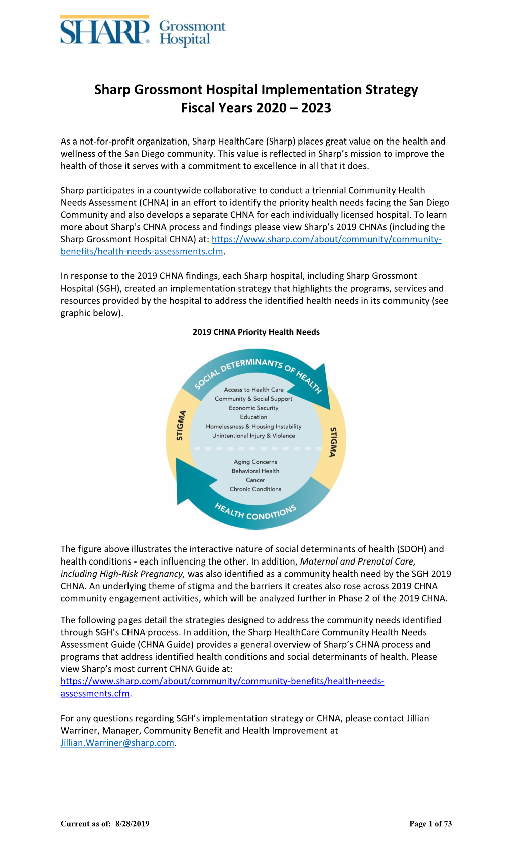 Sharp Grossmont Hospital Implementation Strategy Fiscal Years 2020 – 2023