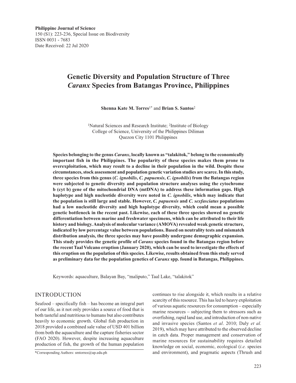 Genetic Diversity and Population Structure of Three Caranx Species from Batangas Province, Philippines