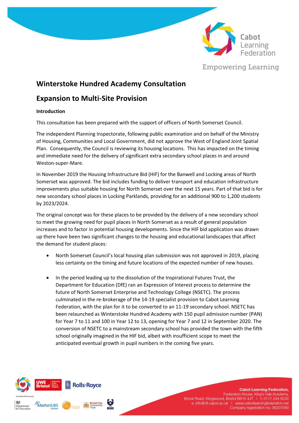 Winterstoke Hundred Academy Consultation Expansion to Multi-Site Provision