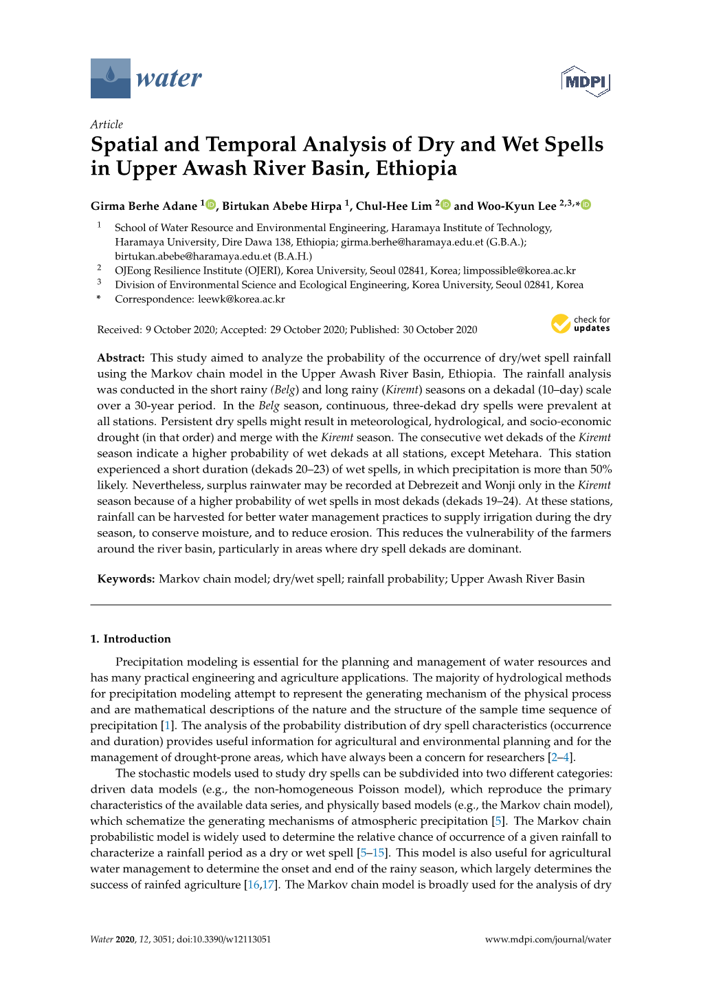 Spatial and Temporal Analysis of Dry and Wet Spells in Upper Awash River Basin, Ethiopia