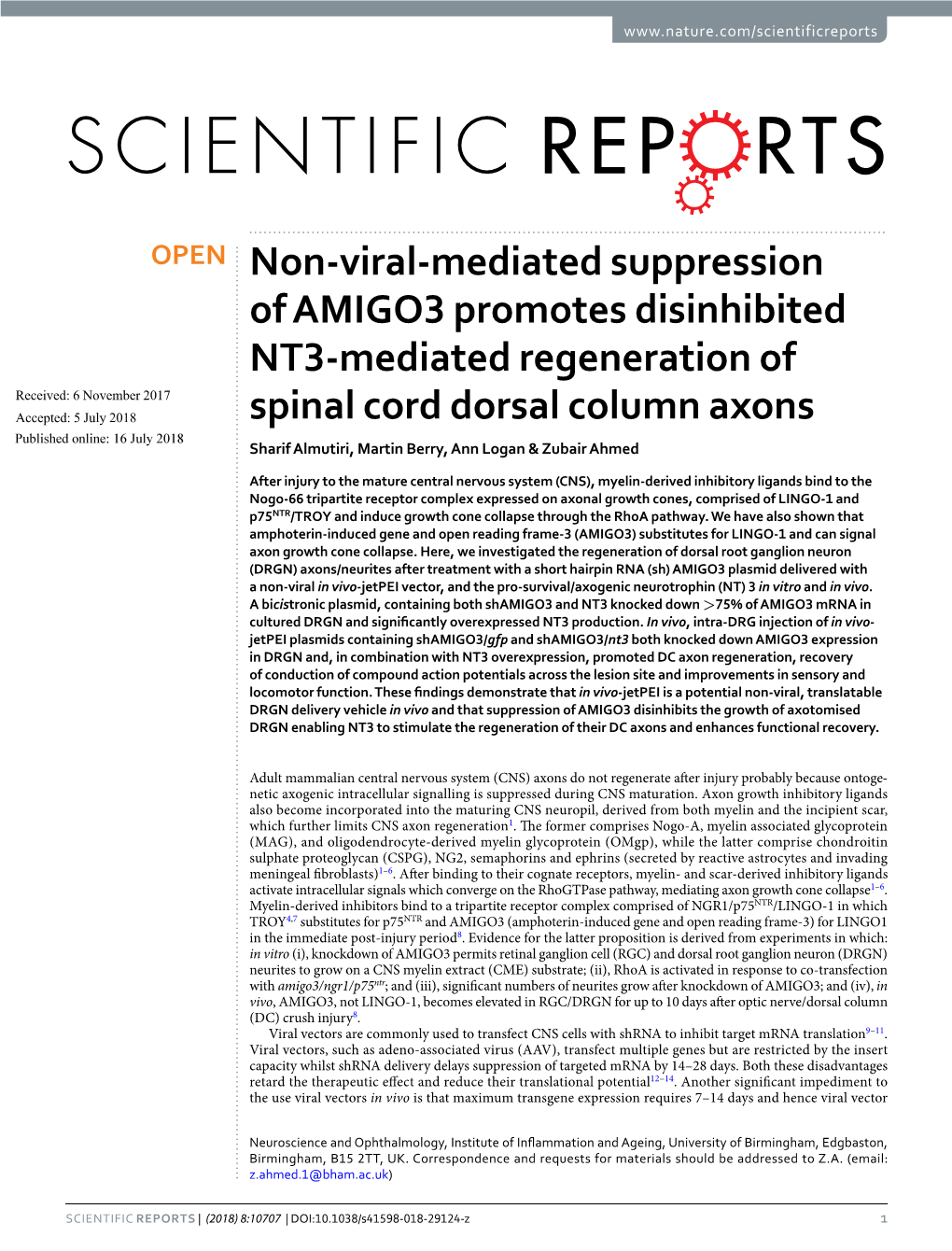 Non-Viral-Mediated Suppression of AMIGO3 Promotes Disinhibited NT3