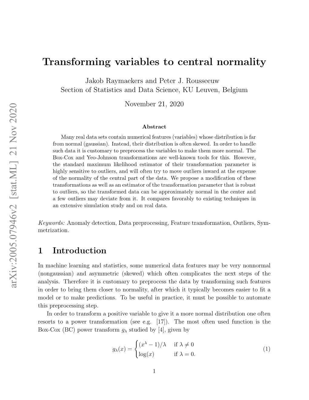 Transforming Variables to Central Normality Arxiv:2005.07946V2 [Stat