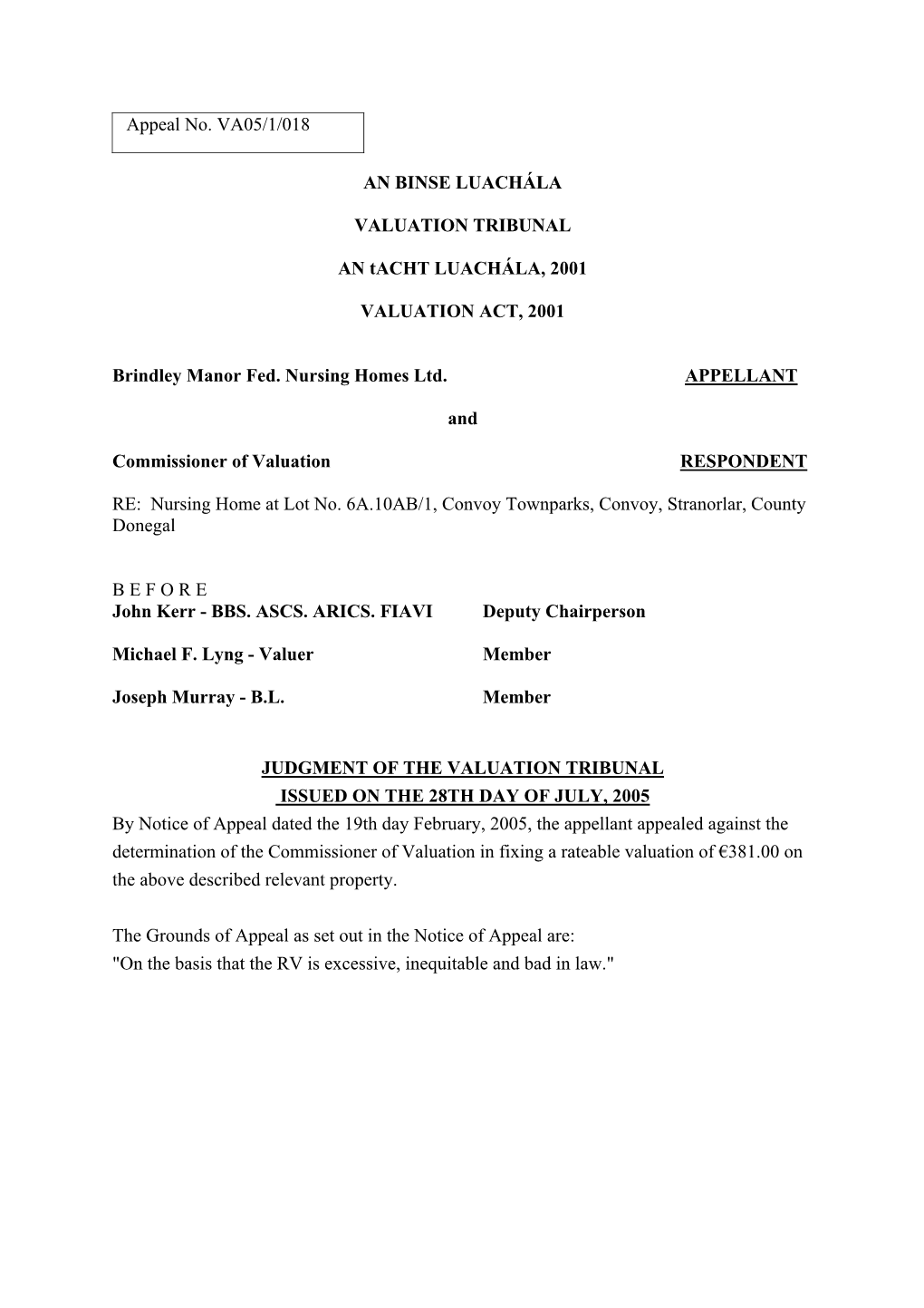 VA05.1.018 – Brindley Manor Fed. Nursing Homes Ltd