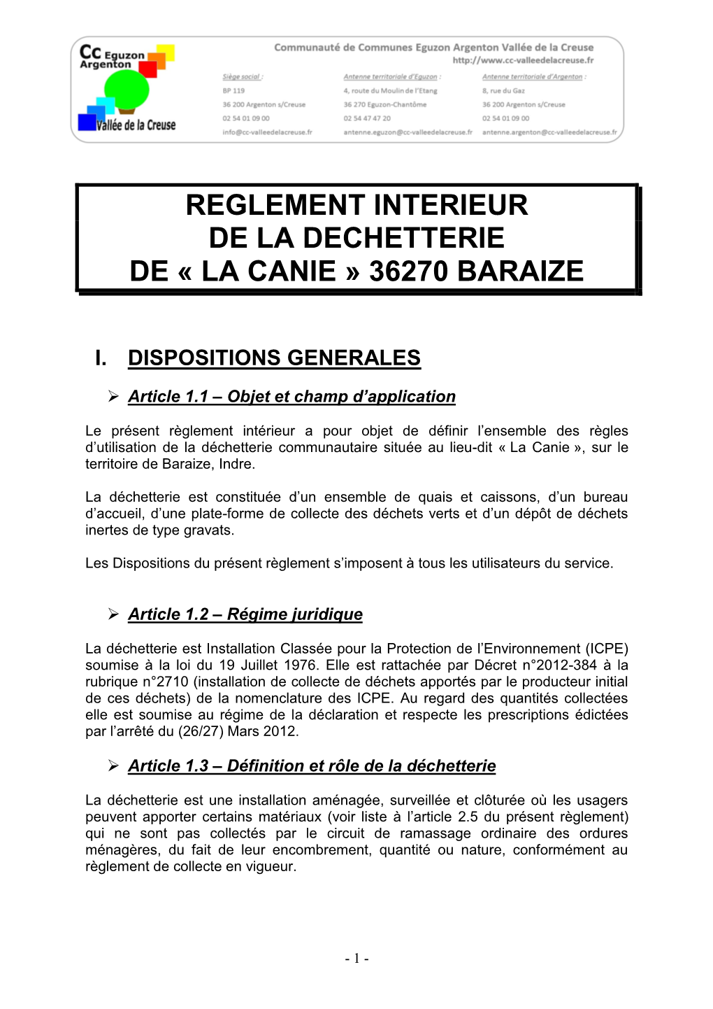 Reglement Interieur De La Dechetterie De « La Canie » 36270 Baraize