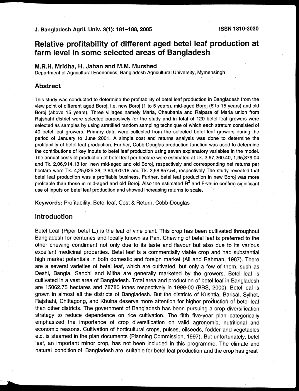 Relative Profitability of Different Aged Betel Leaf Production at Farm Level in Some Selected Areas of Bangladesh