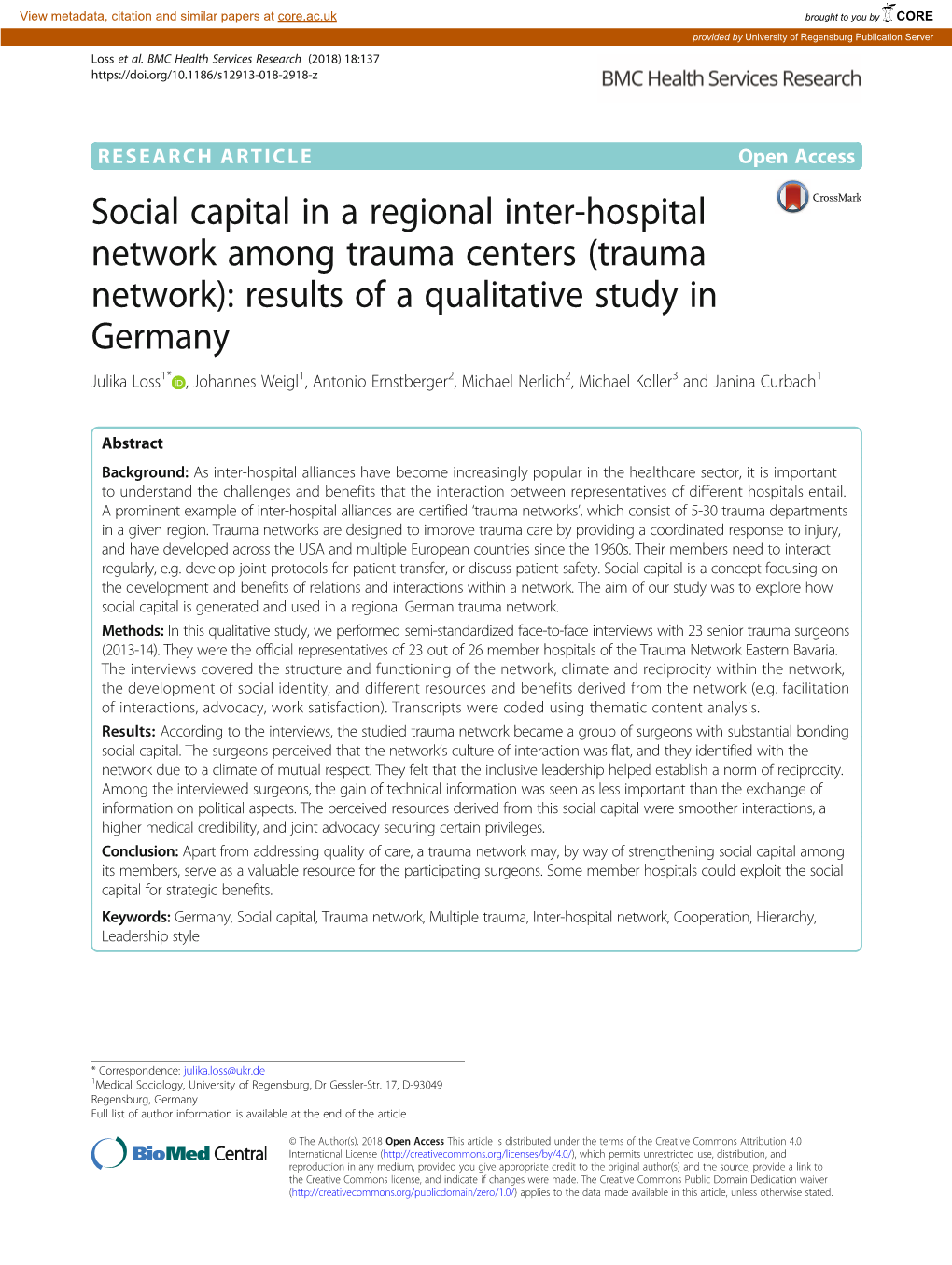 Social Capital in a Regional Inter-Hospital Network Among Trauma Centers