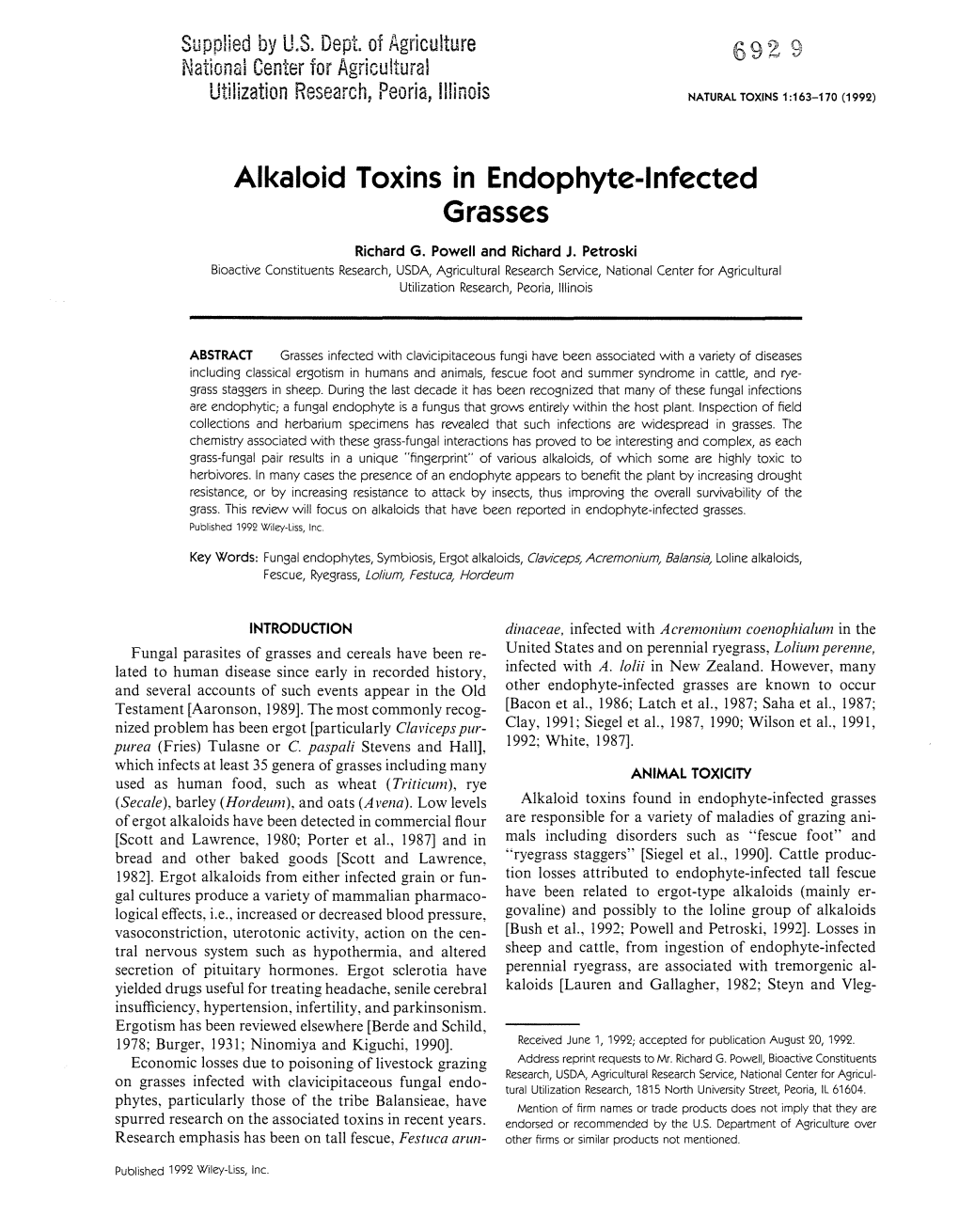 Alkaloid Toxins in Endophyte-Infected Grasses