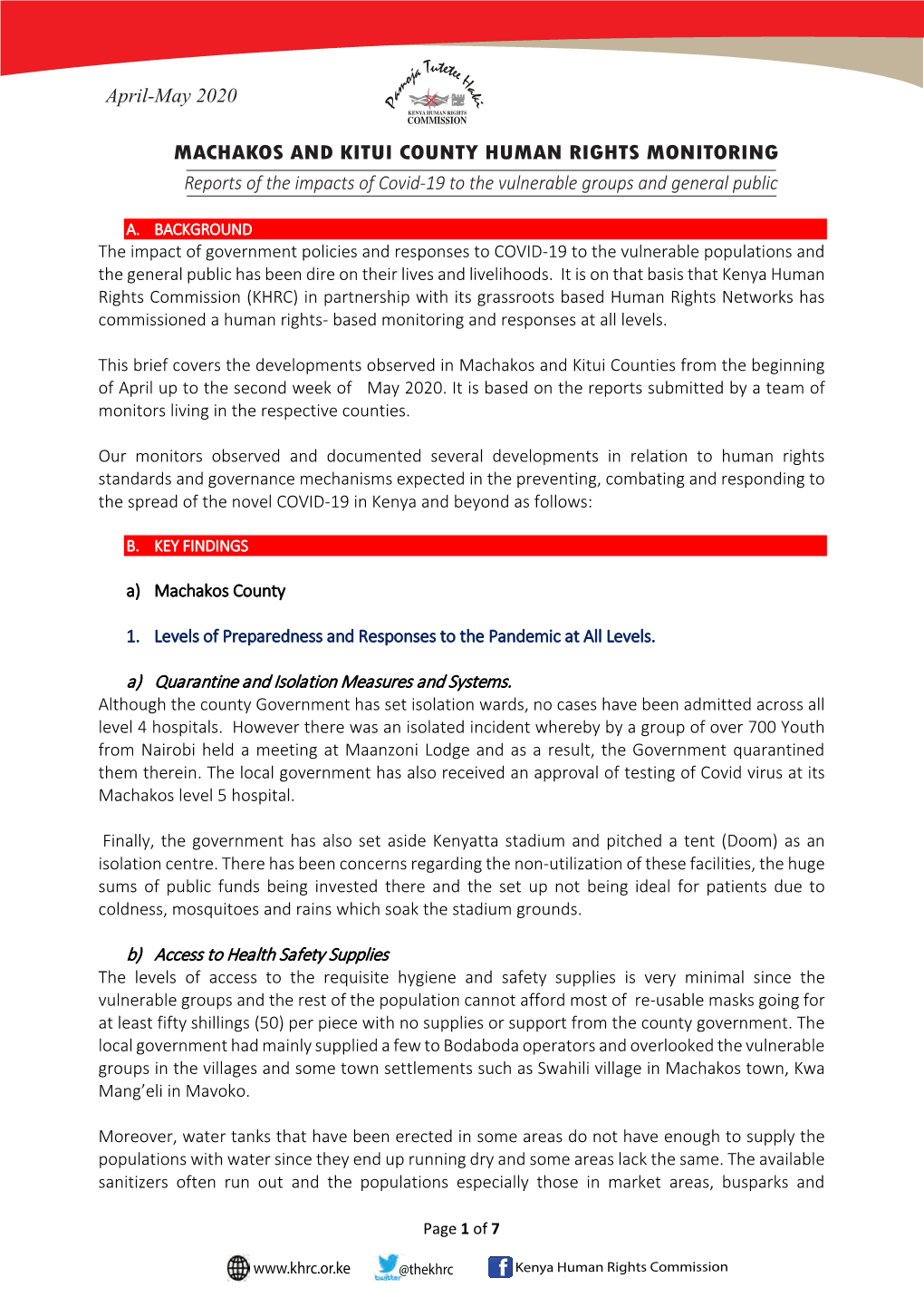 MACHAKOS and KITUI COUNTY HUMAN RIGHTS MONITORING Reports of the Impacts of Covid-19 to the Vulnerable Groups and General Public