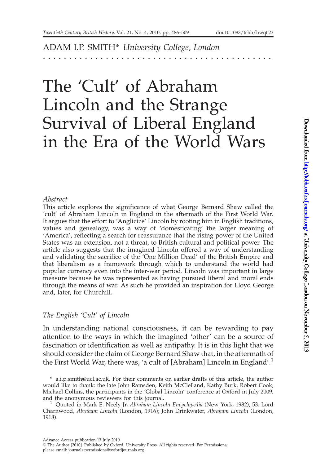 Cult’ of Abraham Lincoln and the Strange Survival of Liberal England Downloaded from in the Era of the World Wars