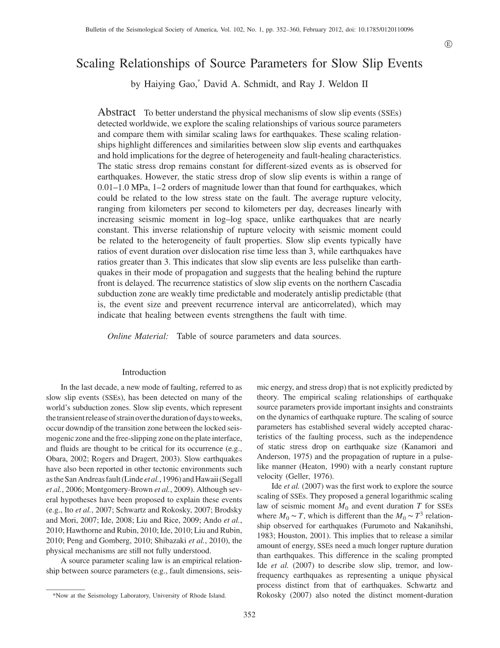 Scaling Relationships of Source Parameters for Slow Slip Events by Haiying Gao,* David A