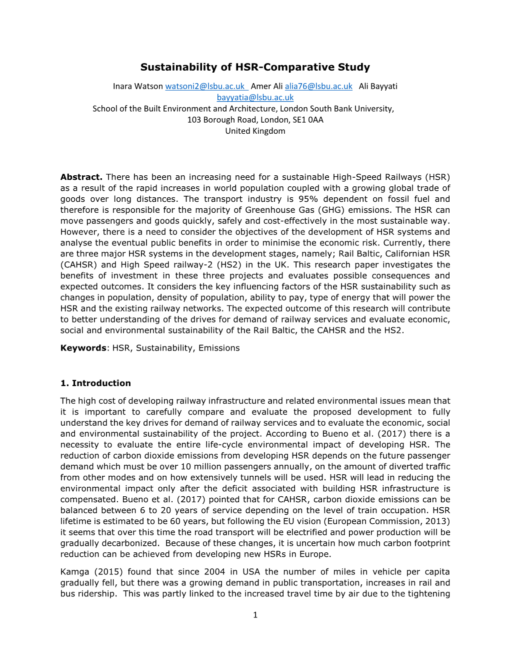 Sustainability of HSR-Comparative Study