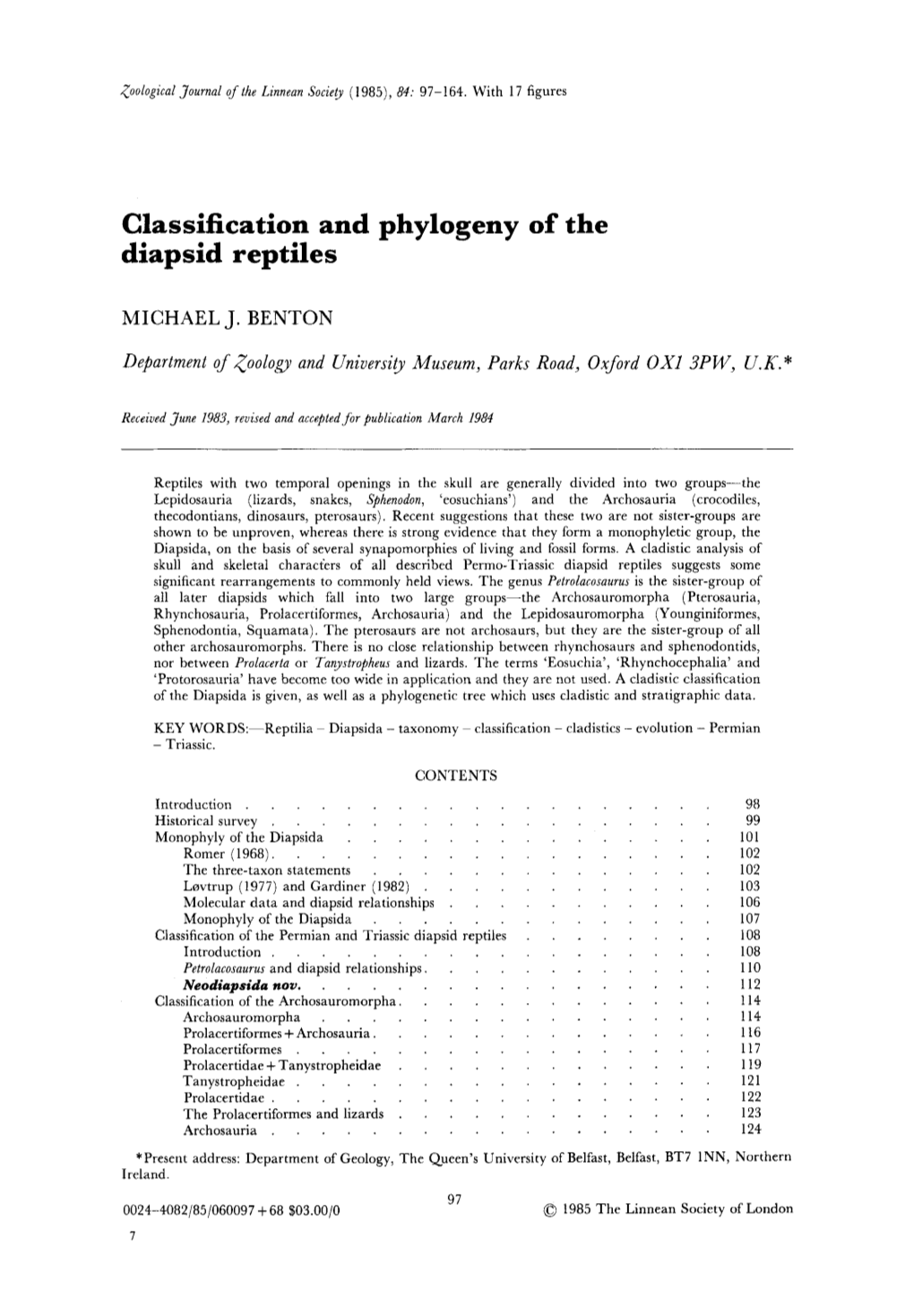 Classification and Phylogeny of the Diapsid Reptiles