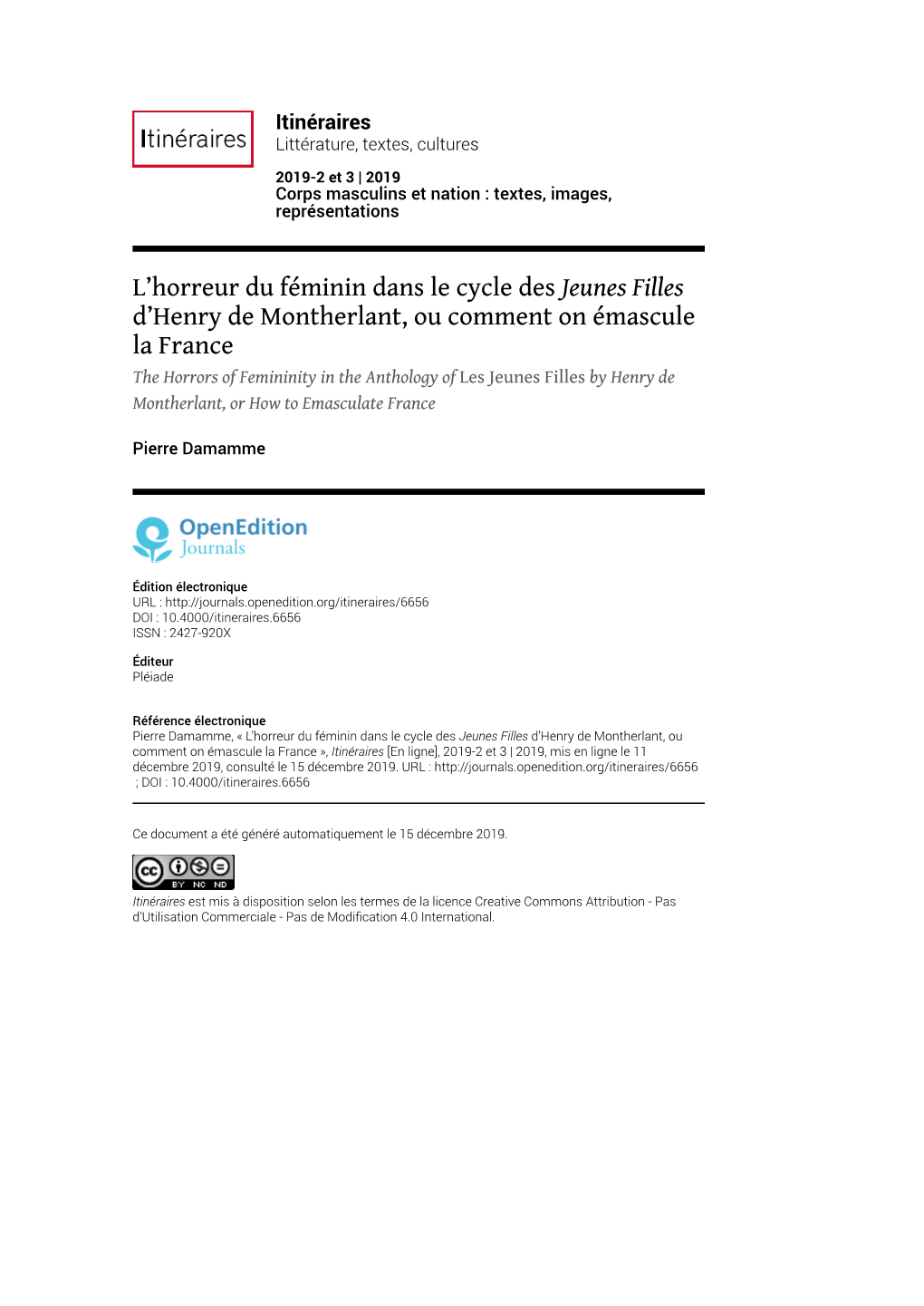 Itinéraires, 2019-2 Et 3 | 2019 L’Horreur Du Féminin Dans Le Cycle Des Jeunes Filles D’Henry De Montherlant,