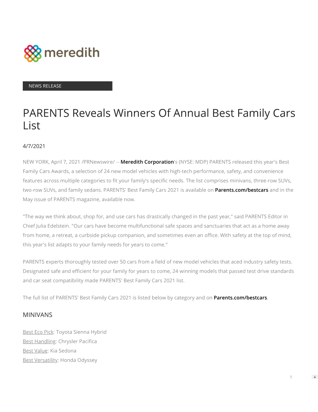 PARENTS Reveals Winners of Annual Best Family Cars List