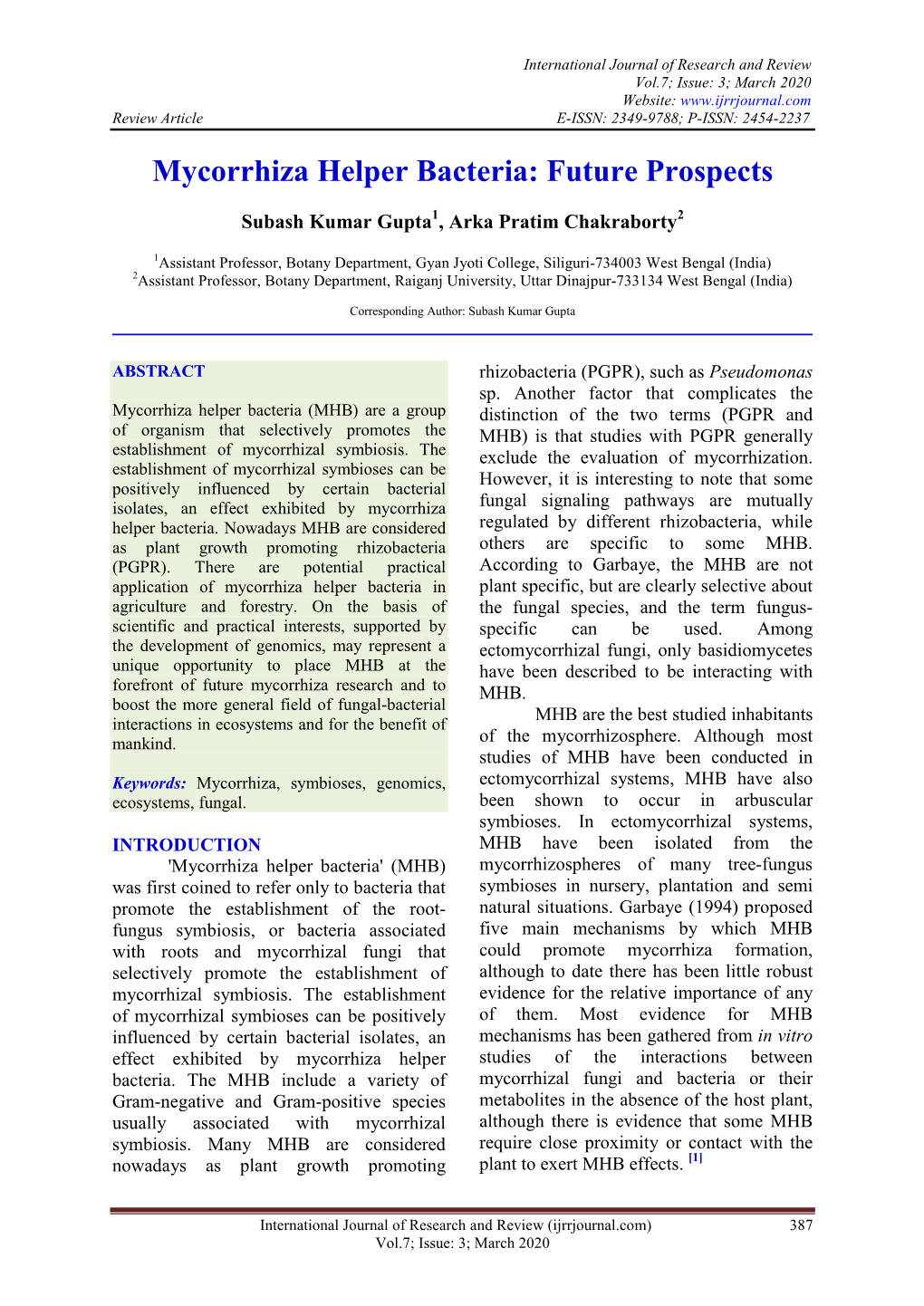 Mycorrhiza Helper Bacteria: Future Prospects