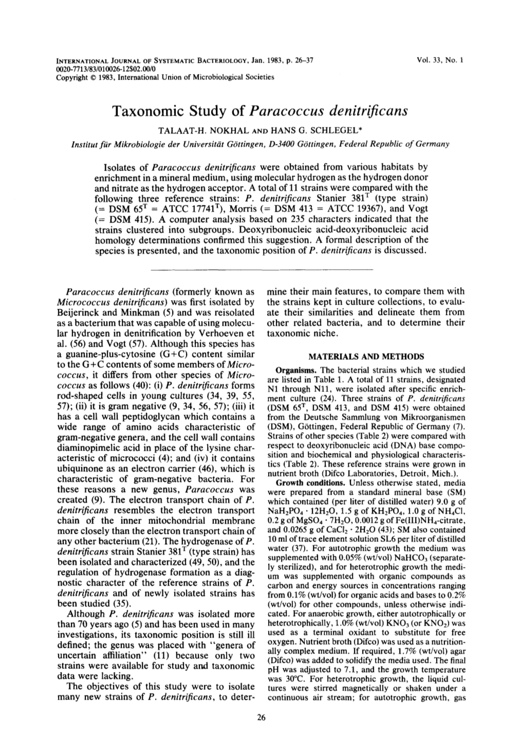 Taxonomic Study of Paracoccus Denitrijicans