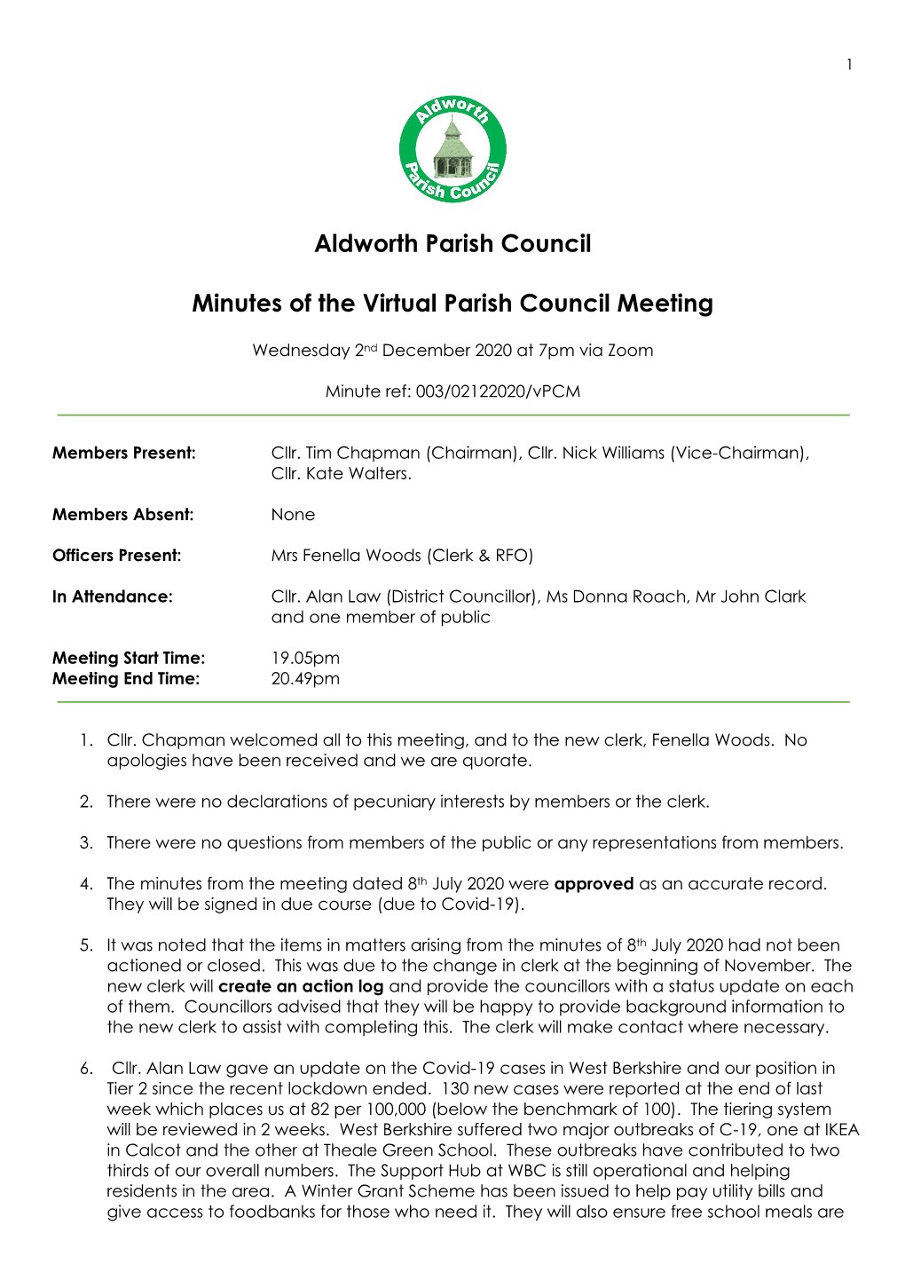 Aldworth Parish Council Minutes of the Virtual Parish Council Meeting