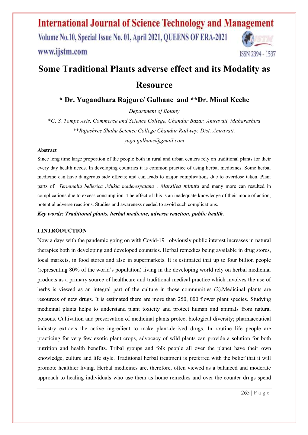 Some Traditional Plants Adverse Effect and Its Modality As Resource * Dr